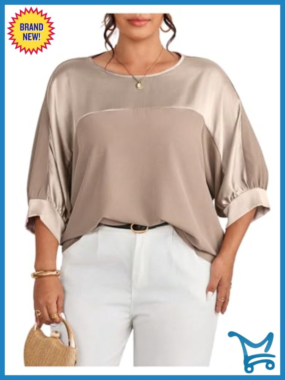 Plus Size Metallic Satin Dressy Top 3/4 Sleeve Crew Neck Work Blouse